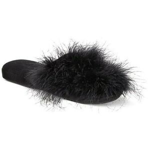 INC International Concepts Deep Black Wedge Faux-Marabou Slippers Small 5-6 New